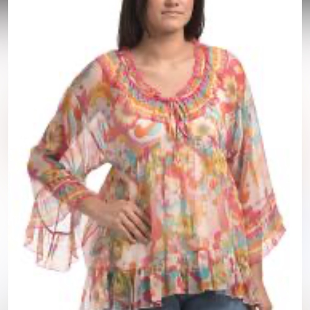 Johnny Was Floral Sheer Ruffle Blouse in Pink, Coral, Turquoise - Picture 10 of 16